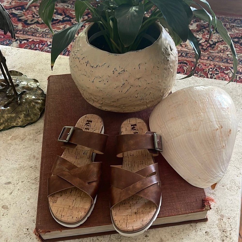 Kork-Ease Brown Leather Crisscross Buckle Slide Sandals
